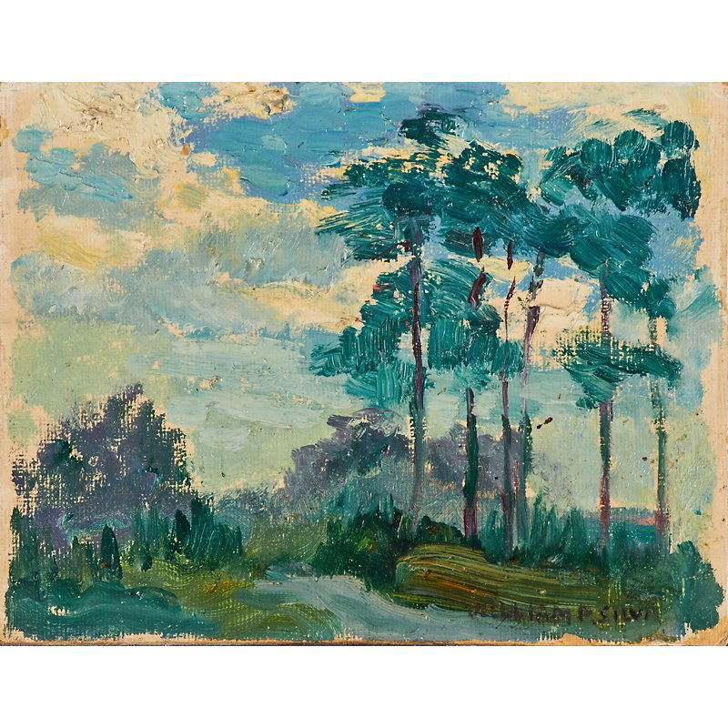 WILLIAM POSEY SILVA (American, 1859-1948): Oil on canvas board miniature landscape with pines; Signed; 5 1/2" x 7"