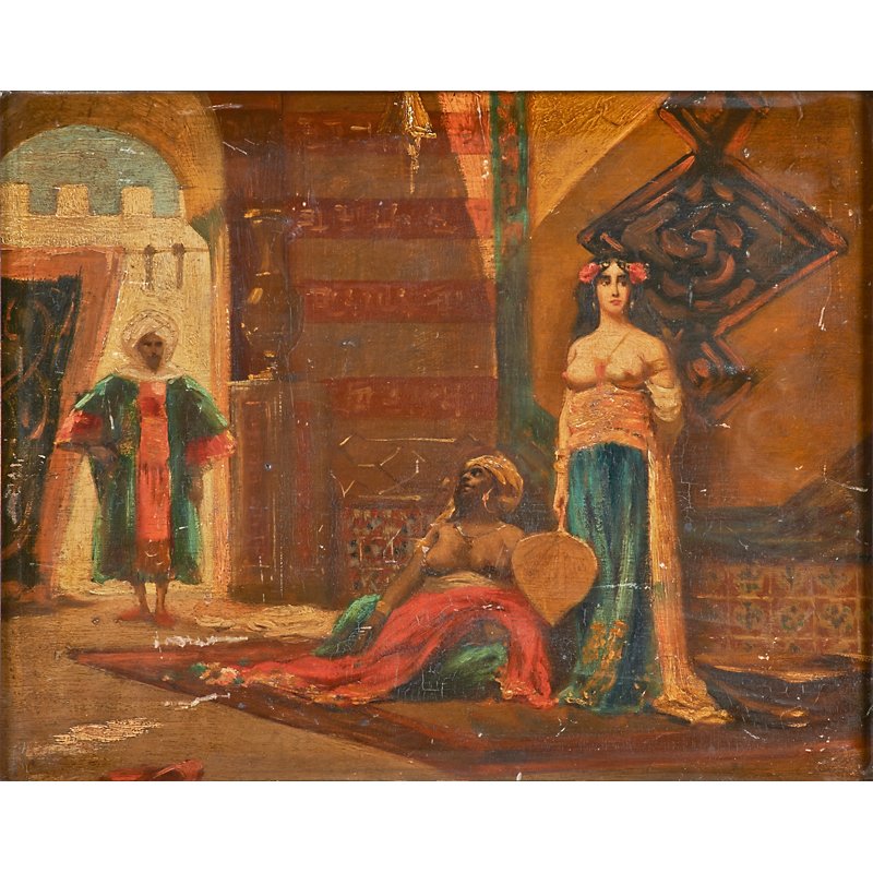 19TH C. ORIENTALIST PAINTING: Oil on panel of middle eastern figures in interior setting (framed); 12 1/2" x 16"