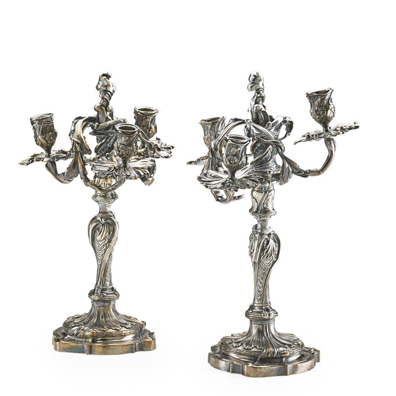 PAIR OF LOUIS XV STYLE DASSON CANDELABRA: Silvered bronze with three light and voluted branches, 1882; Signed Henri Dasson; 15 1/2" h.