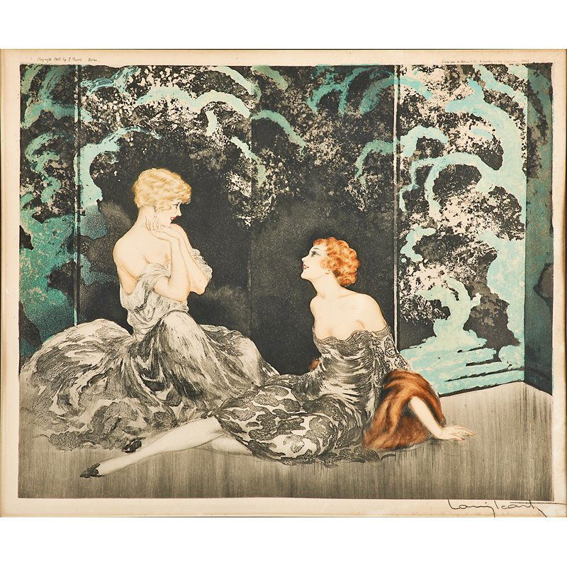 LOUIS ICART (French, 1888-1950): Etching on paper "Intimacy," 1928 (framed); Signed and windmill stamped; 16" x 19" (sight)