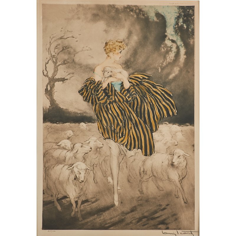 LOUIS ICART (French, 1888-1950): Etching on paper "Little Bo Peep," 1927 (framed); Signed, numbered 362/500 and windmill stamped; 21 1/4" x 14 1/4"
