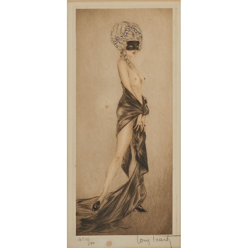 LOUIS ICART (French, 1888-1950): Etching on paper "Masked Ball," ca. 1914 (framed); Signed and numbered 15/50; 12 1/2" 5 3/4" (sight)