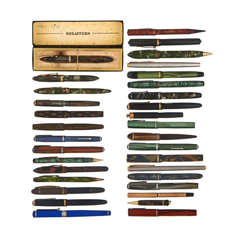 ASSORTED FOUNTAIN PENS: Thirty-three: Including Montblanc Noblesse stainless fountain pen, Wahl Eversharp skyline fountain pen, Waterman's 14k yg fountain pen, etc., 20th c.; Longest: 7 1/2"