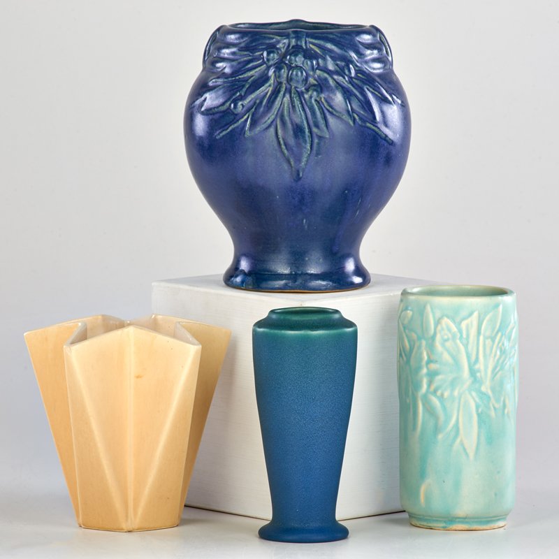 ROOKWOOD; WELLER; McCOY: Four vases: Rookwood in Decorated Mat glaze, Weller star, two McCoy, Ohio, 1910-20s; All marked; Tallest: 7" x 6" dia.