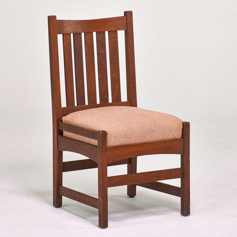 GUSTAV STICKLEY: Side chair with five vertical backslats and drop-in spring seat, Eastwood, NY, ca. 1910; Quartersawn oak, upholstery; 36" x 19 1/2" x 20"