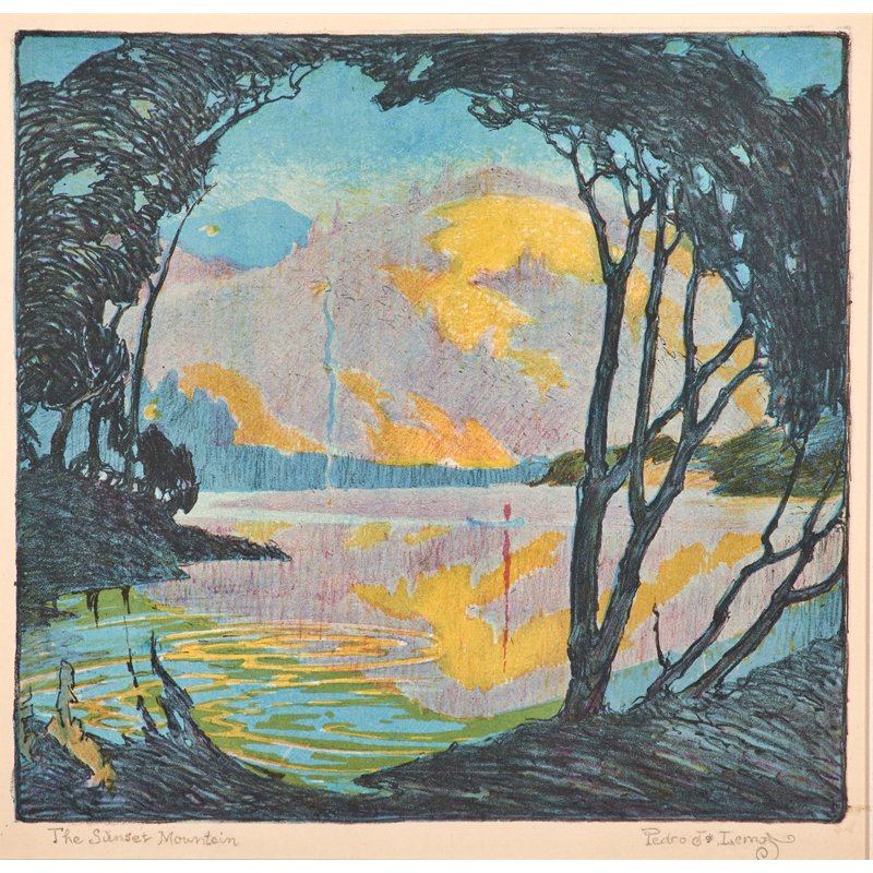 PEDRO JOSEPH LEMOS (American, 1882-1954): Relief print in colors; "The Sunset Mountain" (framed); Signed and titled; 10 1/8" x 10 1/2" (sight)