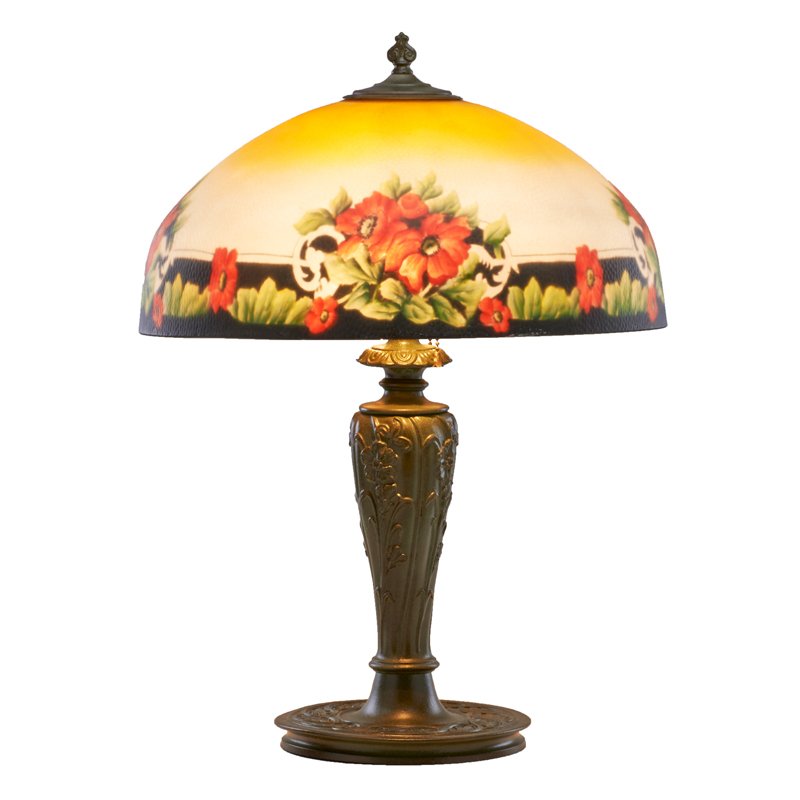 PITTSBURGH (Attr.): Table lamp with reverse-painted glass shade, USA, ca. 1915; Patinated metal and brass fittings; Unmarked; 23" x 16" dia.