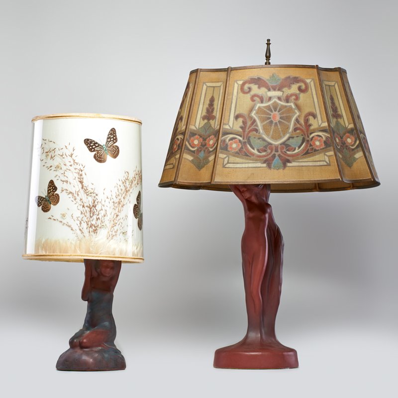 VAN BRIGGLE: Two figural form table lamps in Persian Rose glaze, one complete with original butterfly shade, Colorado Springs, CO, ca. 1940s; Taller: 28" x 14 1/4" dia.