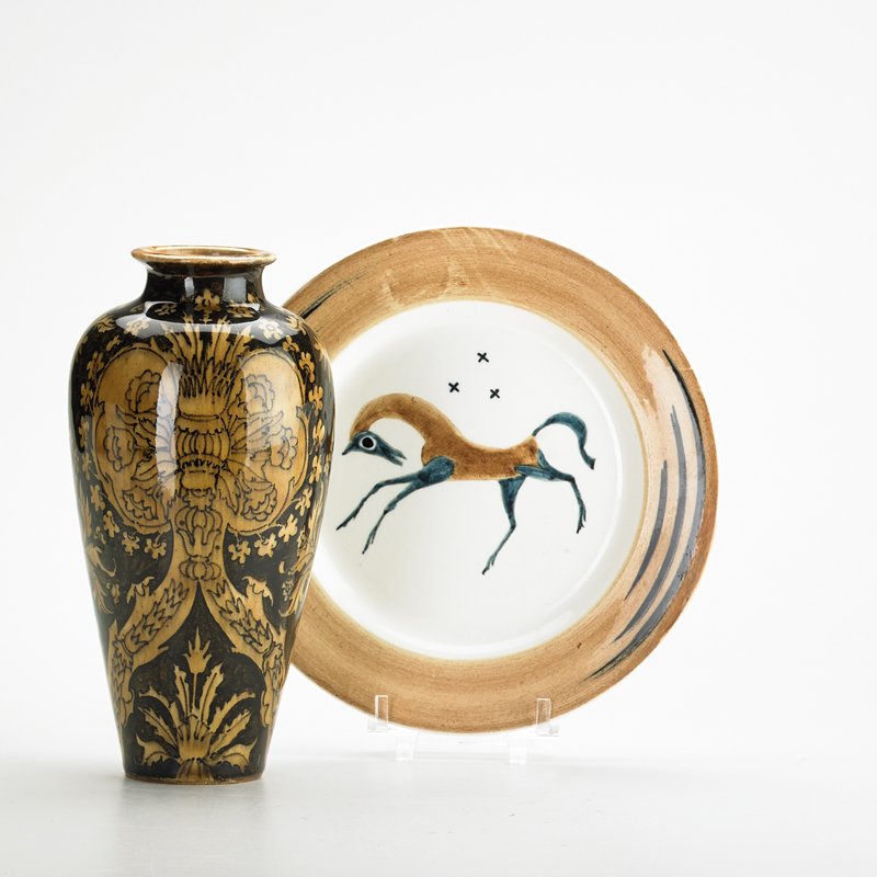 ROZENBURG; CLARICE CLIFF: Porcelain vase decorated with damask pattern, The Hague, Netherlands, ca. 1900s together with Cliff "Bizarre" plate designed by John Armstrong, England, 1934; Each marked; Rozenburg: 8" x 4" dia.