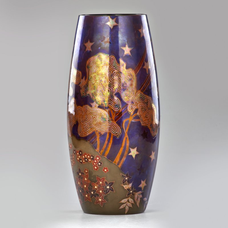 AGNES NYITRIA; ZSOLNAY: Vase with landscape decoration in lustered glazes, Hungary, 2002; Marked; 13" x 5 1/2"
