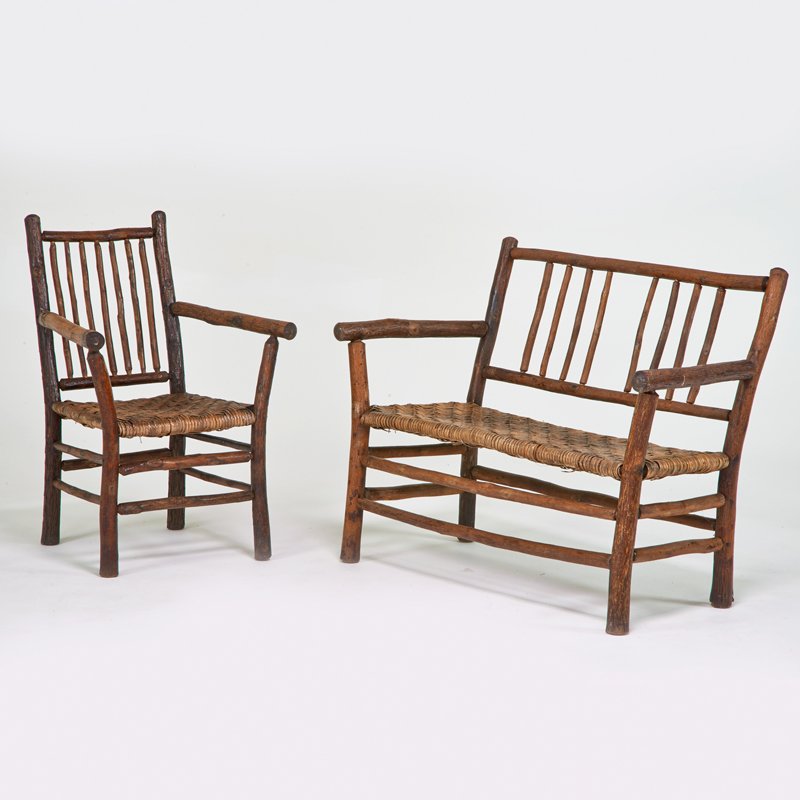 OLD HICKORY (Attr.): Settee and armchair, USA, ca. 1920; Twigs, reeding; Unmarked; Settee: 35" x 45 1/2" x 25", armchair: 36" x 25" x 24"