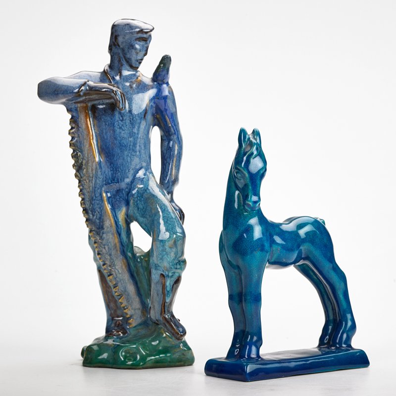 VIKTOR SCHRECKENGOST; CLEVELAND SCHOOL: Colt sculpture and similar Pioneer figure, Ohio, 1931; Glazed earthenware; Schreckengost signed; Taller: 11" x 5" x 3 1/2"