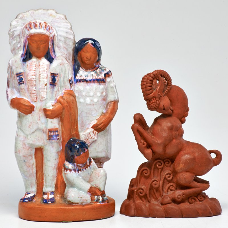ELIZABETH ANDERSEN SEAVER; CLEVELAND SCHOOL; ETC: Sioux Family and hand-sculpted redware figure, USA, 1930s; Hand-painted and glazed terra cotta; Both marked; Seaver: 11" x 6" x 4"