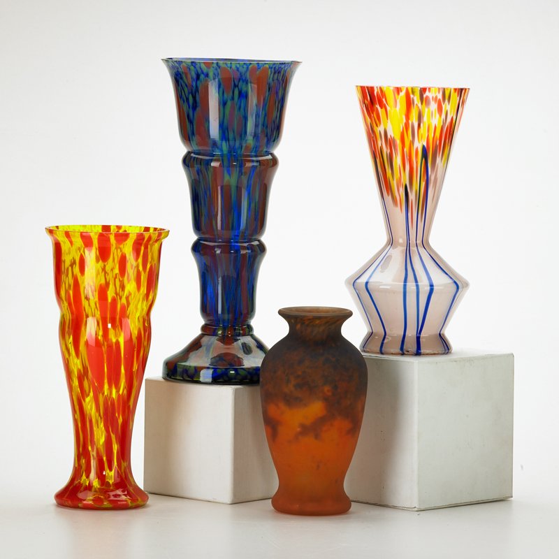 MULLER FRERES; ETC: Four vases: baluster pate de verre, Luneville, France, together with two Czechoslovakian, and one similar, ca. 1930s; Muller Freres signed and both Czech marked; Tallest: 11" x 5" dia.