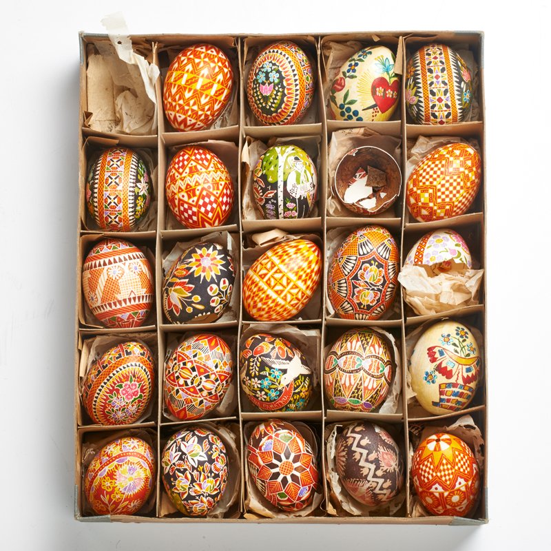CZECHOSLOVAKIAN DECORATED EGGS: Twenty-four hand-painted in various motifs, early-mid 20th c.; Each: 2 1/4" x 1 1/2" dia.; Provenance: Private collection, Connecticut. Acquired from the collection of Allen Hendershott Eaton