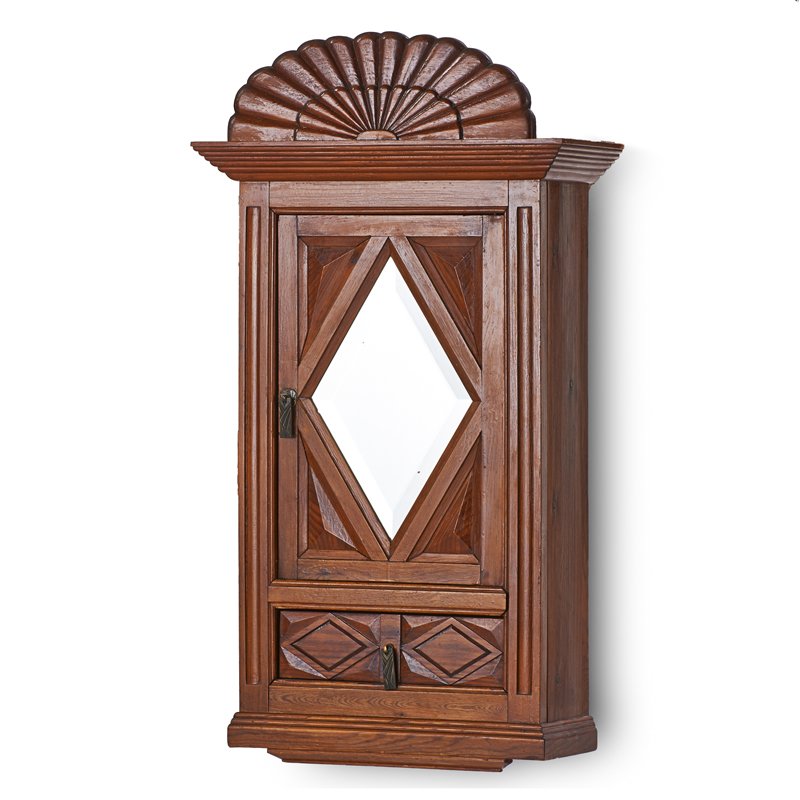 AMERICAN ART DECO: Shop-made wall-hanging cabinet, 1930s; Fir, patinated brass, mirrored glass; Unmarked; 34 1/2" x 19 1/2" x 8 1/2"