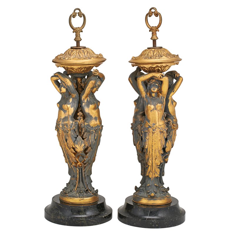 NEOCLASSICAL: Pair of table bases, 20th c.; Gilt bronze on marble base; Each: 21 1/2"