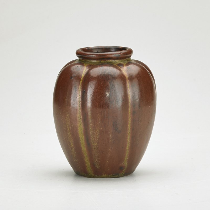 ARNE BANG: Gourd shaped vase, Denmark, early 20th c.; Matte-glazed stoneware; Marked with artist cipher; 5 1/4" x 4 1/4" dia.
