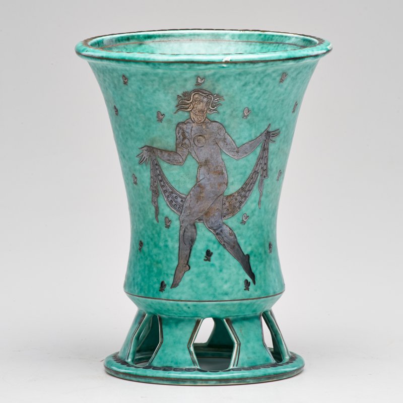 WILHELM KAGE; GUSTAVSBERG: Argenta ware vase with silver decoration, Sweden, ca 1918; Glazed porcelain, electroplated silver; Marked; 9" x 7" dia.