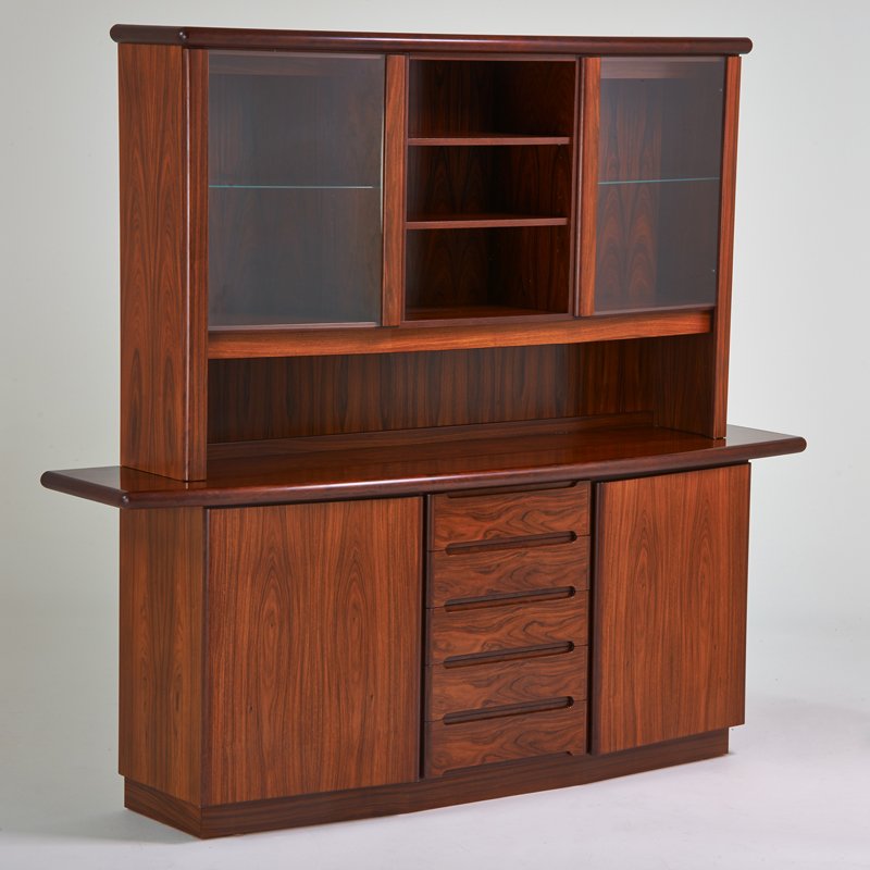 SKOVBY: China cabinet with floating hutch, Denmark, 1970s; Rosewood, glass; Foil label; 71 3/4" x 78 1/2" x 19 1/2"
