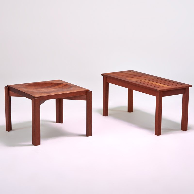 SWEDISH: Two teak tables, one slat top and one reversible, 1970s; Unmarked; Reversible: 18 1/2" x 24" x 24 1/2", slat: 18 1/2" x 38" x 16 1/2"