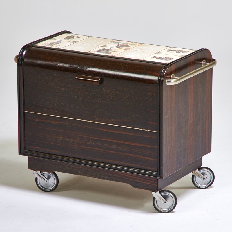 EUROPEAN: Bar cabinet, ca. 1950; Rosewood, nickeled brass, ceramic tile; Unmarked; 25 1/2" x 32" x 19"