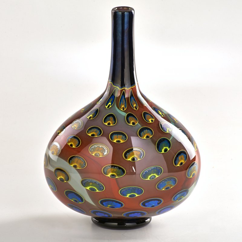 EVA ENGLUND; ORREFORS: Graal glass vase with applied peacock feather design, Sweden, 1990; Marked Orrefors Gallery -90 922031 Eva Englund 27 30 with handwritten signature; 13" x 9" dia.