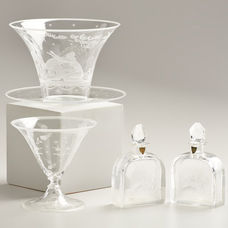 F. MUTTER; ORREFORS: Four pieces: two perfume bottles, one bowl with charger, and one footed vase, Sweden, ca. 1970s; Etched glass; Paper labels on perfume bottles, some etched ORREFORS; Vase: 5 3/4" x 6" dia.