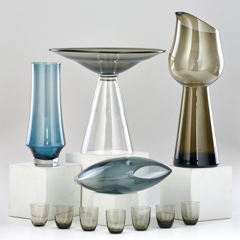 MARKKU SALO: Pillow vase, Finland, 1990s, together with fruit bowl, similar vase, decanter, and seven liquor glasses; Handblown smoked glass; Salo marked; Tallest: 14 3/4" x 5 dia.