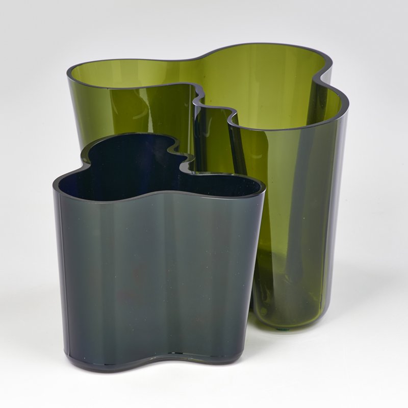 ALVAR AALTO: Two glass "Savoy" vases, blue and green, designed 1936, Finland; Both marked; Larger: 6" x 8 1/2" dia.