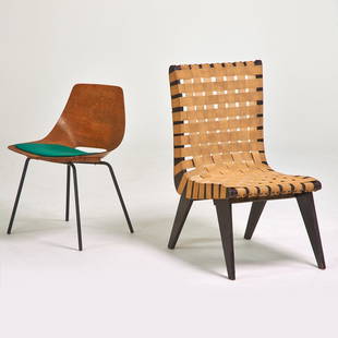 KLAUS GRABE; STYLE OF RAY KOMAI: Two sidechairs, USA, 1950s; Painted wood and metal, plywood, webbing, vinyl upholstery; Grabe: 35" x 19" x 27", Style of Komai: 29" x 19" x 19"