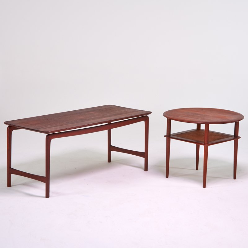 PETER HVIDT: Two tables, Denmark, 1960s; teak, cane; John Stuart retailer labels; Coffee table: 22" x 51" x 22", side table: 23" x 28" dia.
