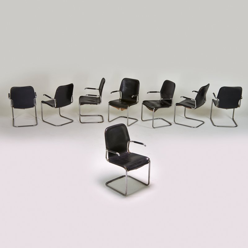 KENNETH BERGENBLAD; DUX: Set of eight armchairs, Denmark, ca. 1980; Stainless steel, leather; Each: 34" x 21 1/2" x 21"