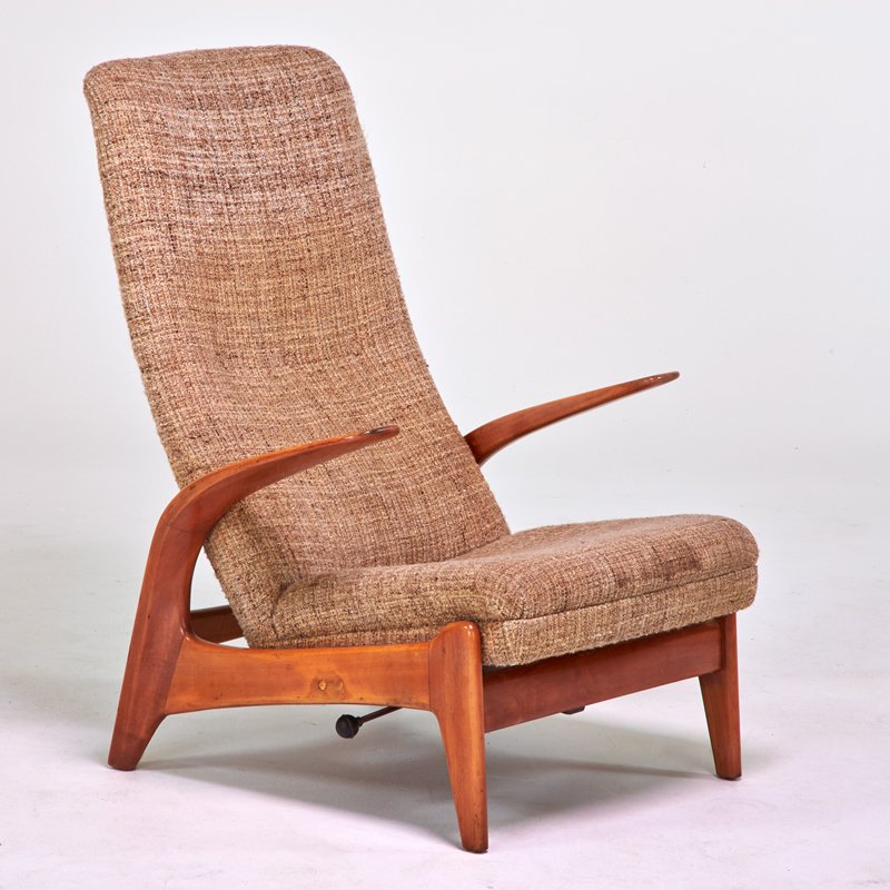 SWEDISH: Reclining lounge chair, 1960s; Sculpted beech, upholstery; Unmarked; 38" x 29" x 27"
