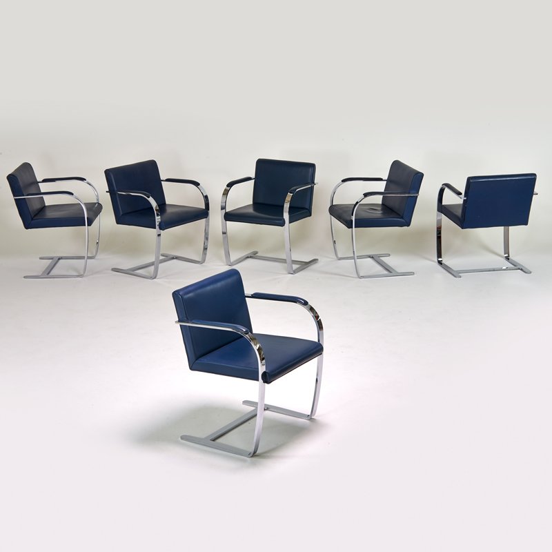 BRUETON: Set of six Brno-style armchairs, Freeport, NY, 1980s; Chromed steel, leather; Unmarked; Each: 30" x 23 1/2" x 23"