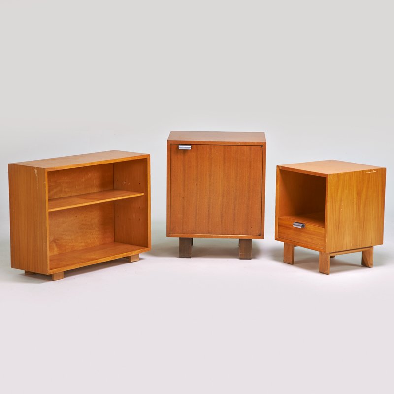 GEORGE NELSON; HERMAN MILLER: Cabinet, nightstand, bookcase, Zeeland, MI, 1950s; Walnut, bleached mahogany, zinc-plated metal; Nightstand has foil label; Cabinet: 30" x 24" x 18 1/2", nightstand: 24" x 18" x 18 1/2", bookcase: 26"