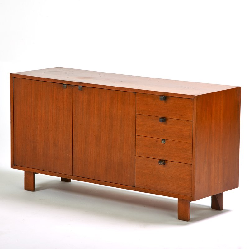 GEORGE NELSON; HERMAN MILLER: Cabinet, Zeeland, MI, 1950s; Walnut, zinc-plated metal; Foil label; 30" x 56 1/4" x 19 1/2"