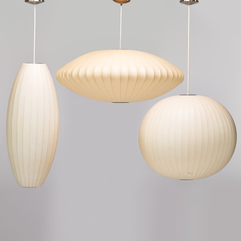 GEORGE NELSON; HOWARD MILLER AND MODERNICA: Three hanging lamps: cigar, bubble and UFO, Zeeland, MI, 1960s; Latex over metal; Manufacturer's labels; UFO: 15" x 36" dia.