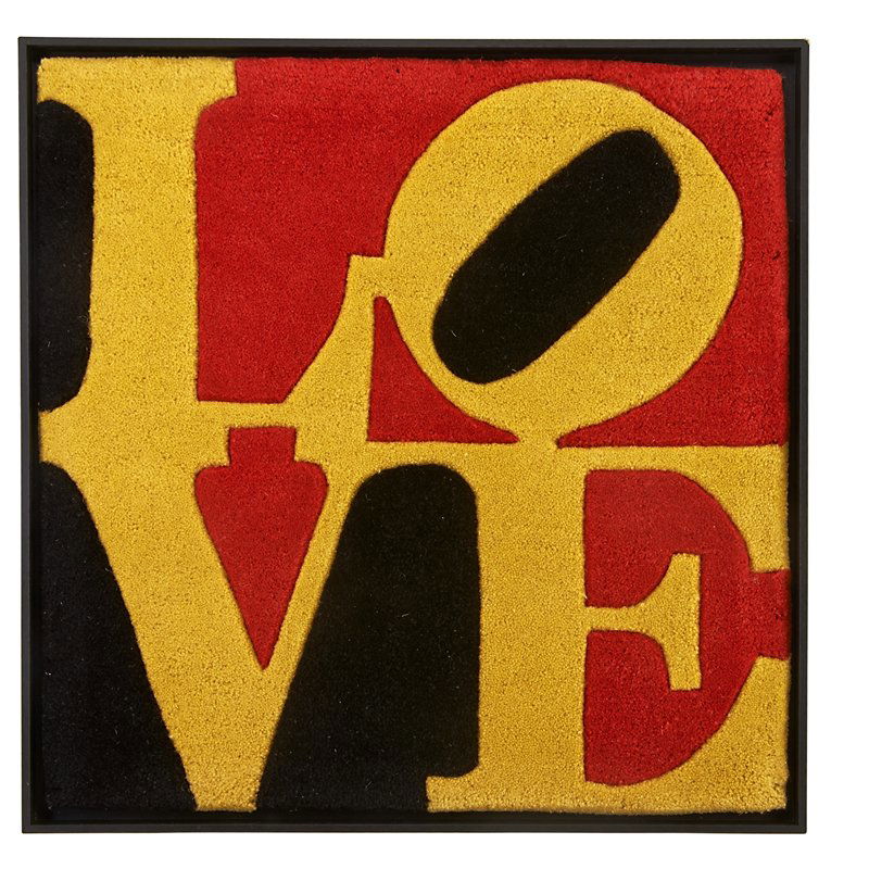 AFTER ROBERT INDIANA: Carved and tufted wool wall-hanging; "Liebe Love," India, 2005 (framed); Fabric label, numbered 391/999; Overall: 25 1/2" sq.