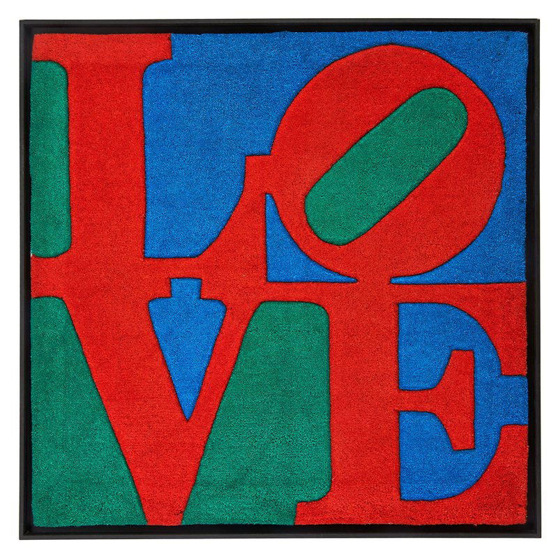 AFTER ROBERT INDIANA: Carved and tufted wool wall-hanging;"Classic Love," India, 2007 (framed); Fabric label, numbered 811/10,000; Overall: 32 1/2" sq.