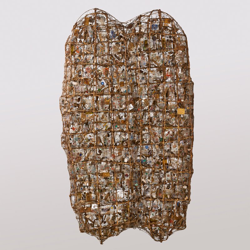 LEONARD NELSON (American, 1912-1993): Sculpture/room divider with smooth river rocks embedded in an intricate soldered wire framework, Philadelphia, 1965-6; Signed and dated; 50" x 94" x 12"