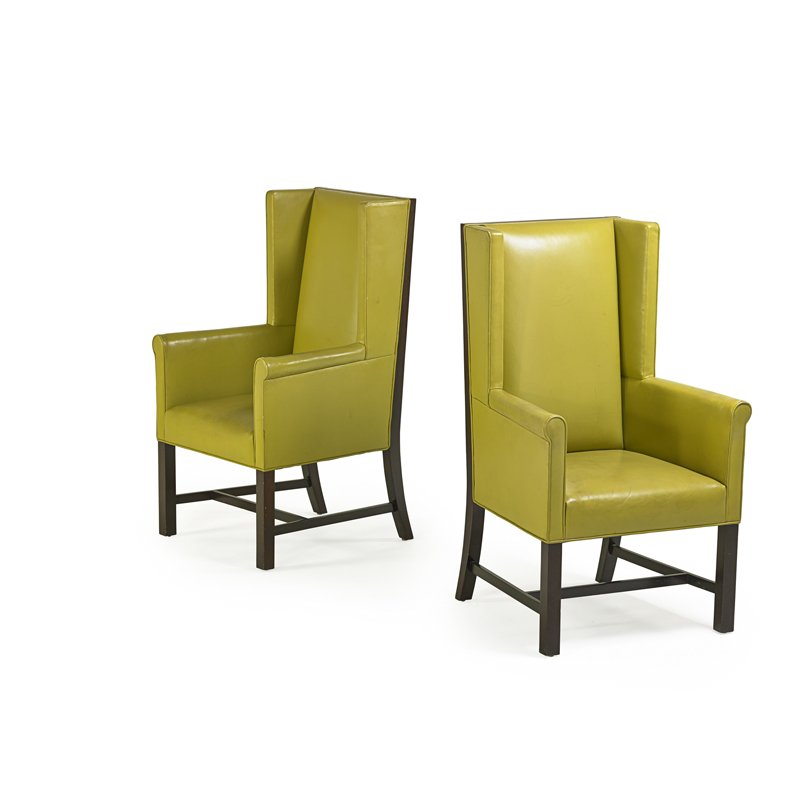 JOHN HUTTON (attr.): Pair of tallback wingchairs, USA, 1990s; Lacquered mahogany, leather; Unmarked; 46" x 27" x 26"