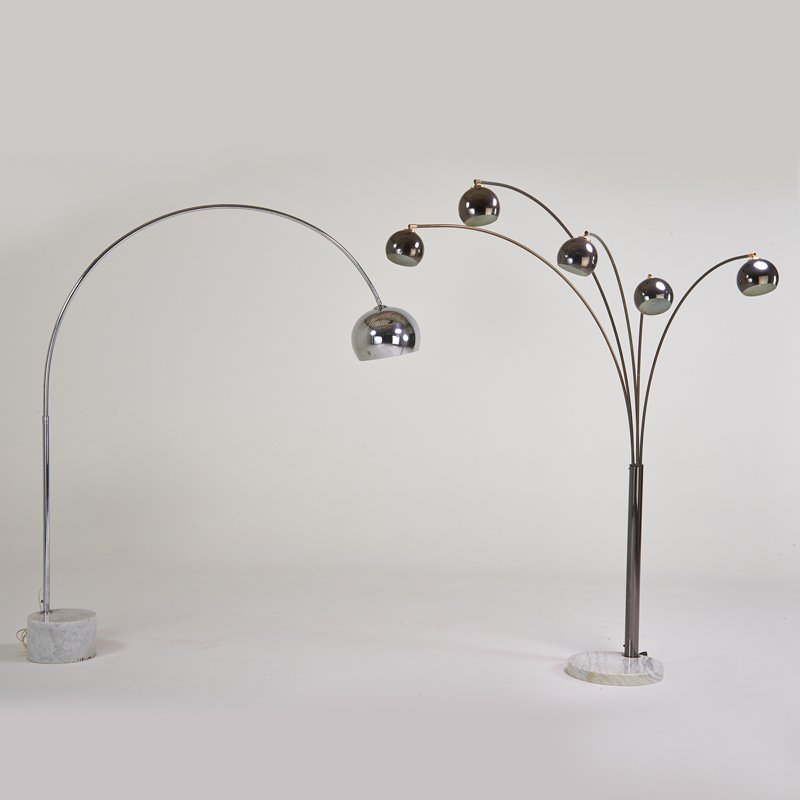 HARVEY GUZZINI (Attr); iGUZZINI, ETC.: Two adjustable Arc lamps, Italy, 1970s; Chromed and patinated metal, brass, marble; Unmarked; 61" x 80"