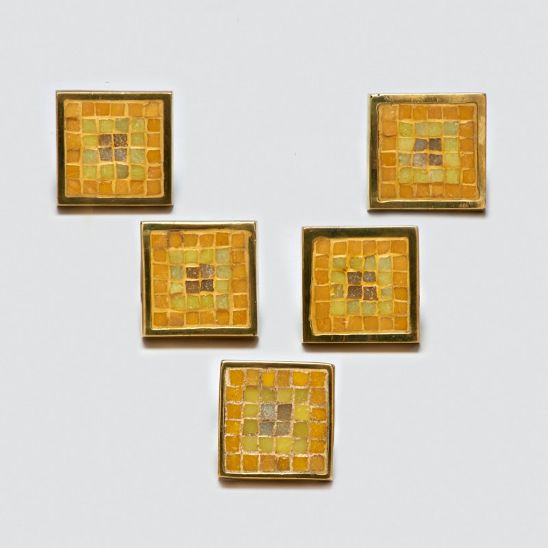 ITALIAN: Five mosaic drawer pulls, 1960s; Brass and glass; Unmarked; Each: 1 1/2" x 1 1/2" x 1"
