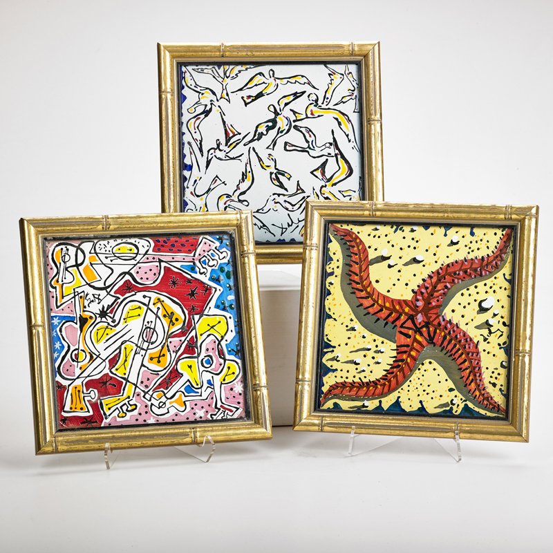 SALVADOR DALI; MAURICE DUCHIN: Three glazed ceramic tiles in frames, Spain, 1954; All marked; Each: 8" sq.