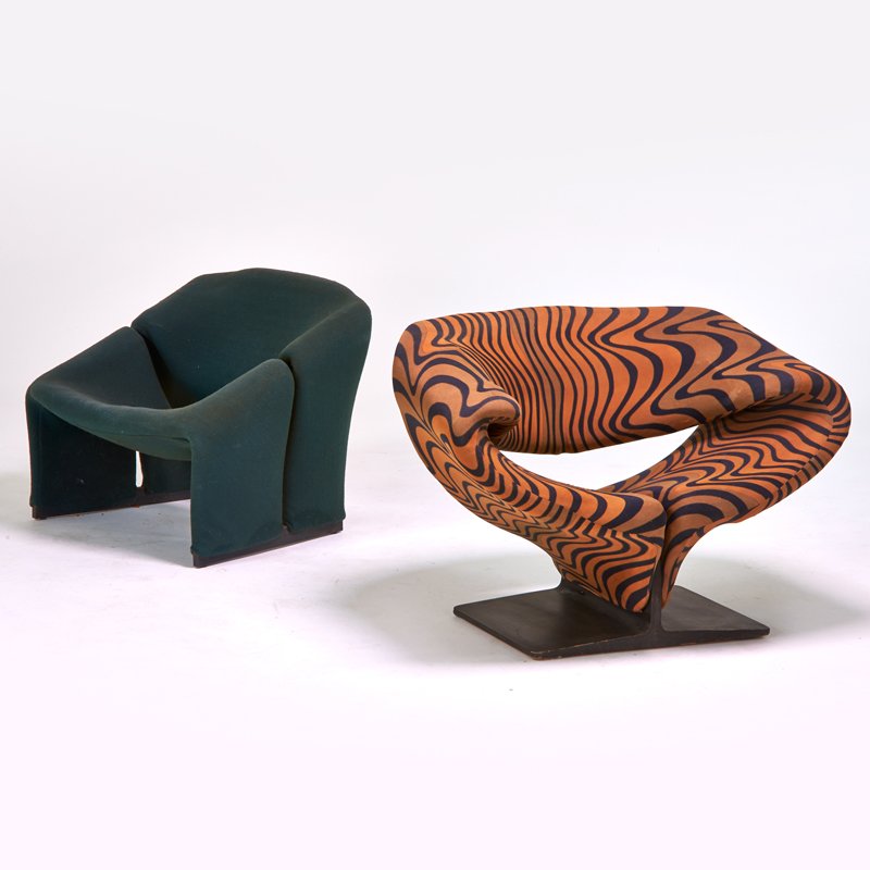 PIERRE PAULIN; ARTIFORT: "Ribbon" and "598" lounge chairs, France, 1970s; Jack Lenor Larsen stretch fabric, painted wood, metal; Foil label on ribbon chair; Ribbon: 28" x 39" x 30
