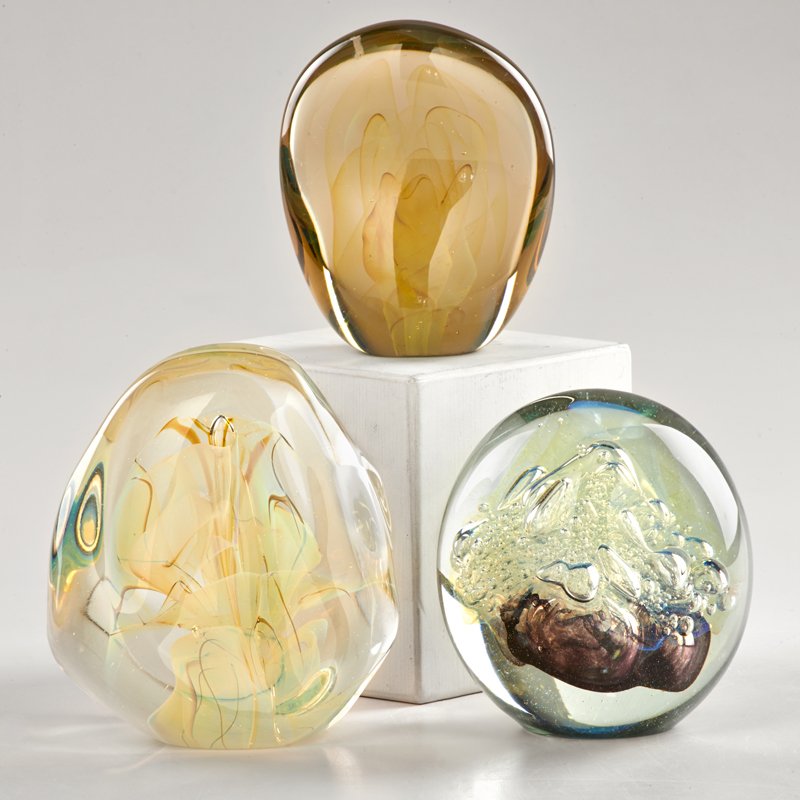 PAPERWEIGHTS: Three: Bill Slade "Veiled," Gilbert C. Johnson "Suspension," and Robert Eickholt "Milky Way," USA, 1978-1998; Glass; All with acid-etched markings; Tallest: 4 3/4" x 4" x 2 1/2"