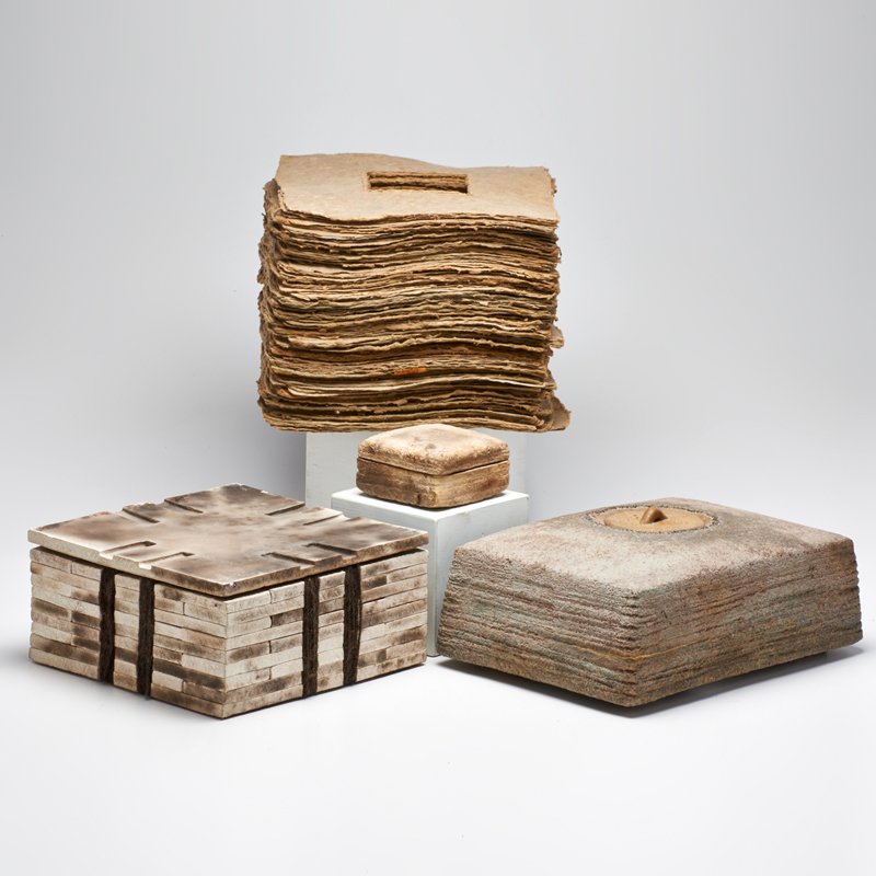 ROB SIEMINSKI: Four boxes: three stoneware, one rag paper, USA, 1970-1980s; Unmarked; Rag paper: 8" x 10 1/2" sq.