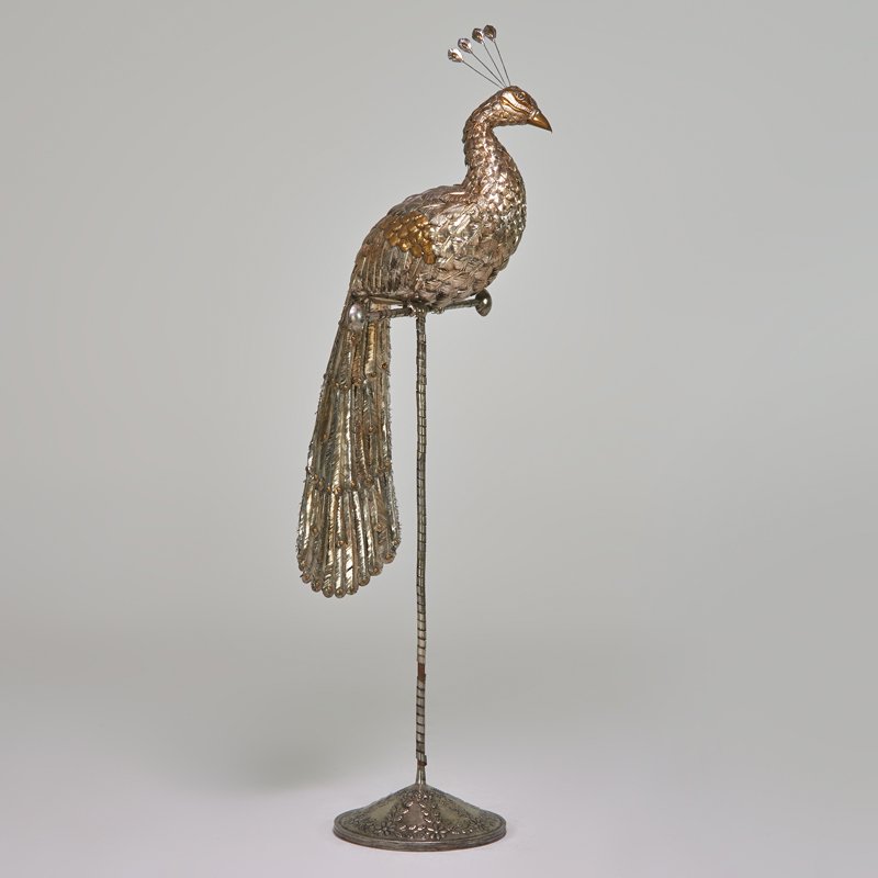 SERGIO BUSTAMANTE: Peacock, Mexico, ca. 1980s; Tin, brass; Signed and numbered "Sergio Bustamante 8/100; 70" x 23 1/2" x 22"
