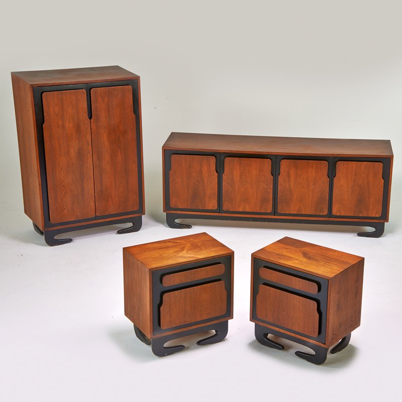 STYLE OF ADRIAN PEARSALL: Bedroom suite: four-door cabinet and tall two-door cabinet, each fitted with drawers, and pair of nightstands, USA, 1960s; Walnut, painted wood; Unmarked; Cabinet: 30" x 78" x 21", nightstands: 25 1/2
